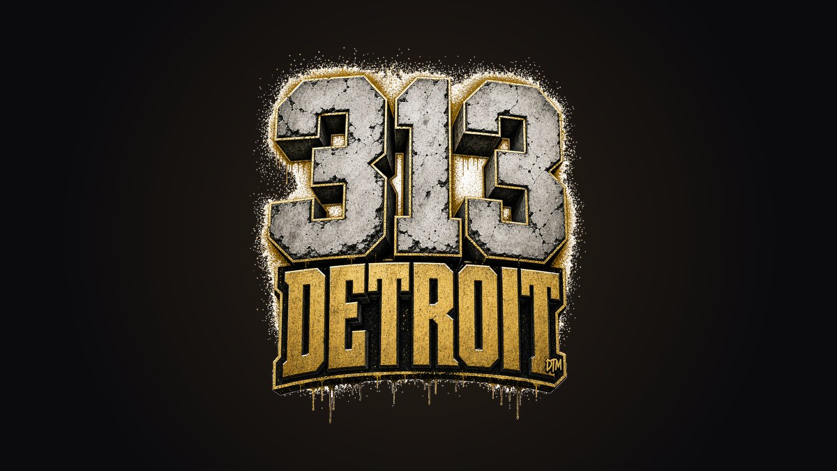 313 in monumental concrete-textured numerals over DETROIT lettering on a black hoodie