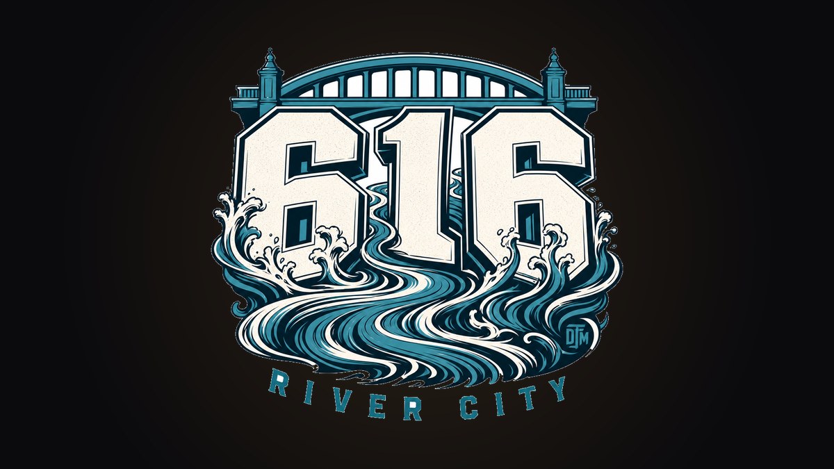 616 numerals with a river current weaving through and a bridge arc above on a black tee