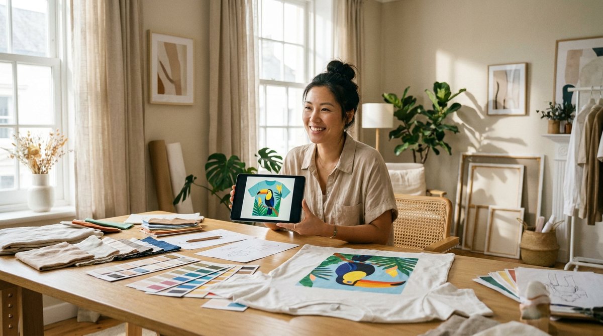 Designer holding a tablet showing a colorful AI-generated t-shirt design