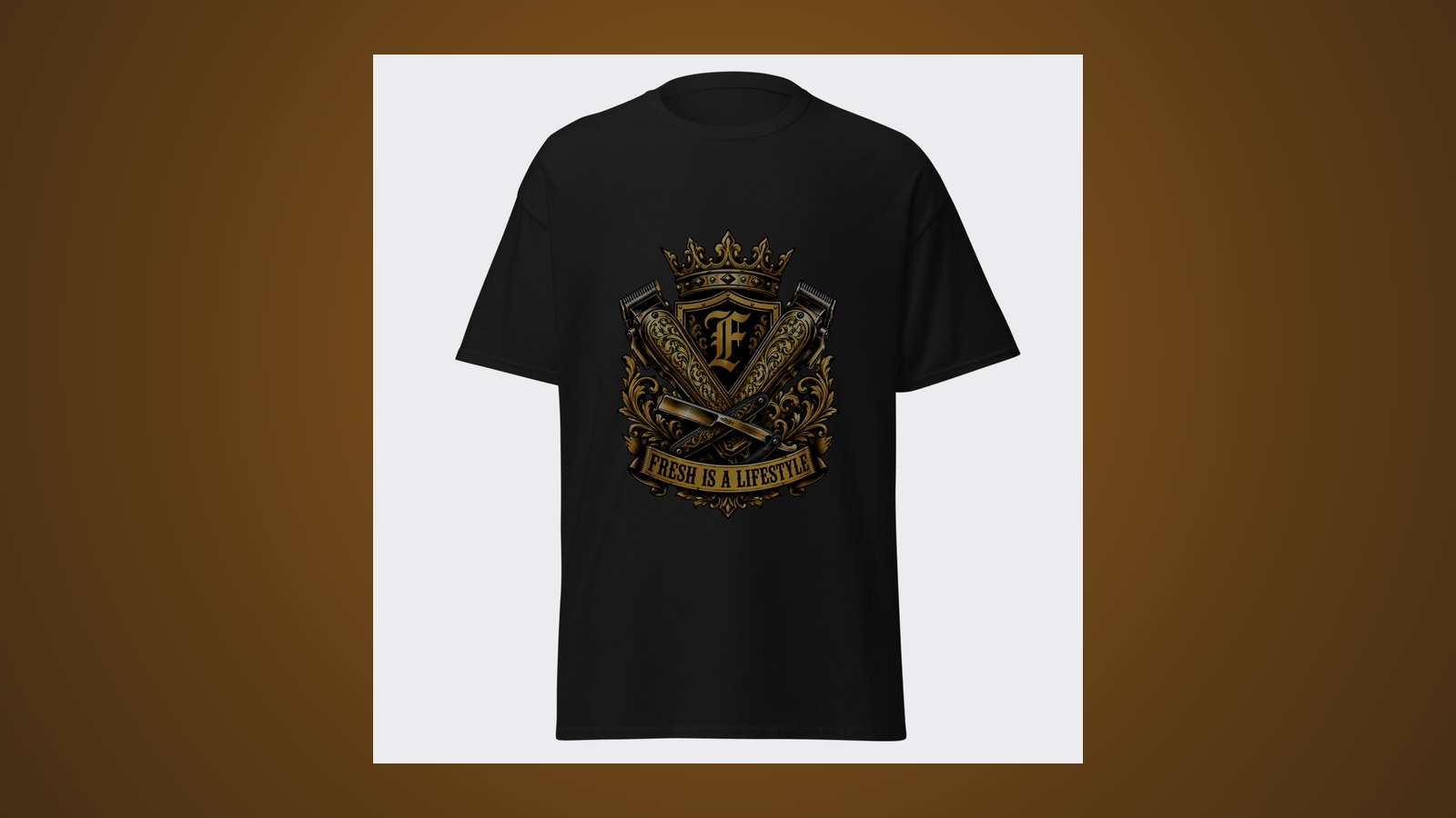 Gold barber crest with crossed clippers, straight razor and comb under FRESH IS A LIFESTYLE lettering
