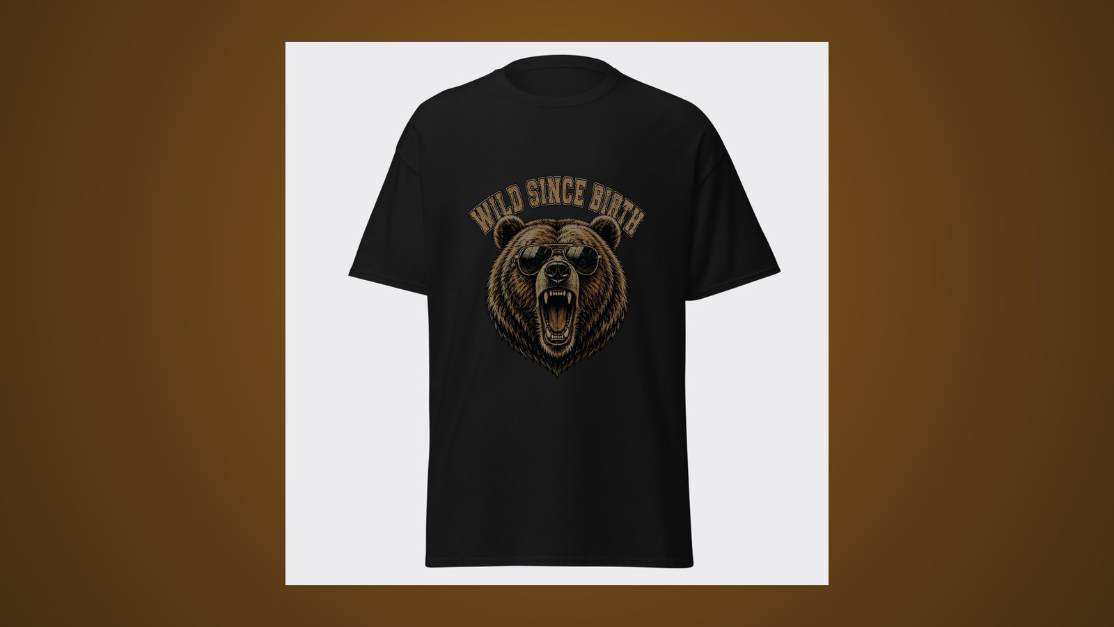 Vintage grizzly bear in an aviator cap and goggles with WILD SINCE BIRTH lettering on a graphic tee