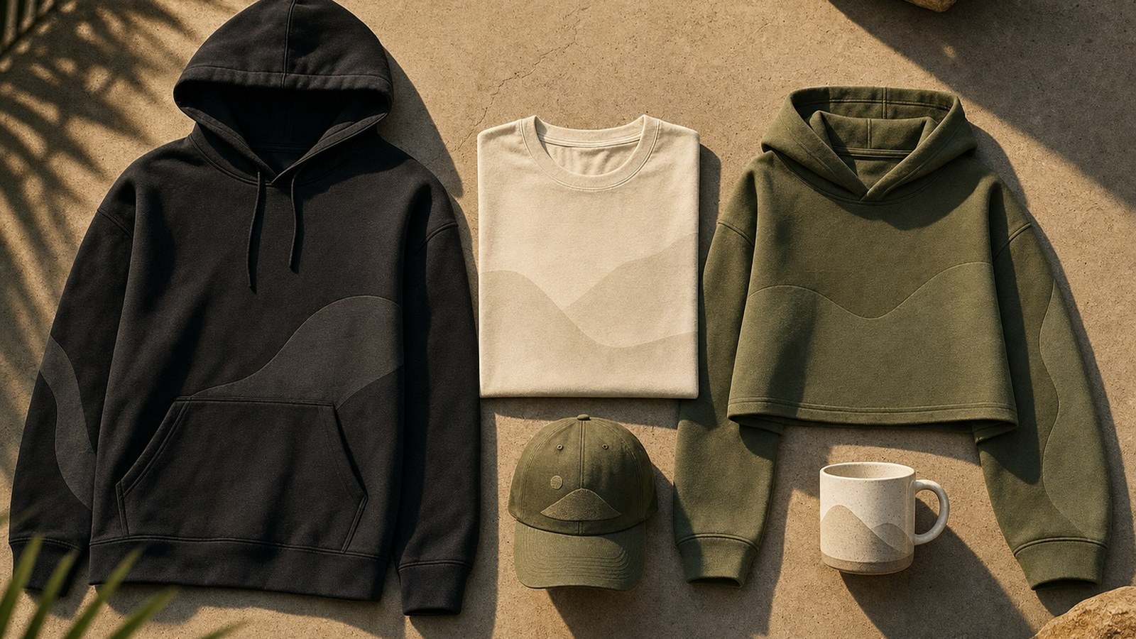 Creator merch product lineup of a tee, hoodie, crop hoodie and embroidered hat in black and gold