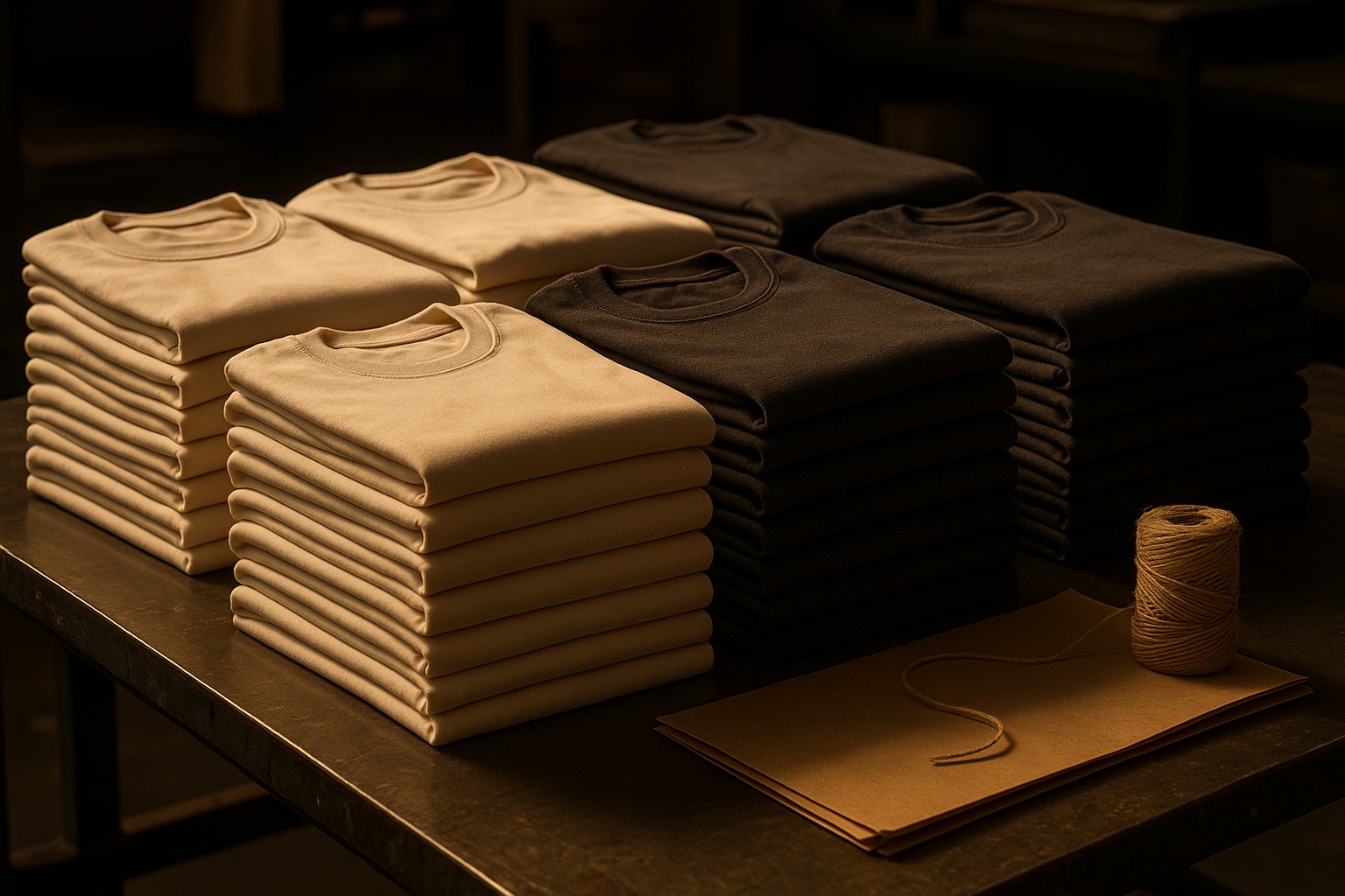 Tall stack of folded t-shirts in cream and charcoal on a workbench with warm gold lighting