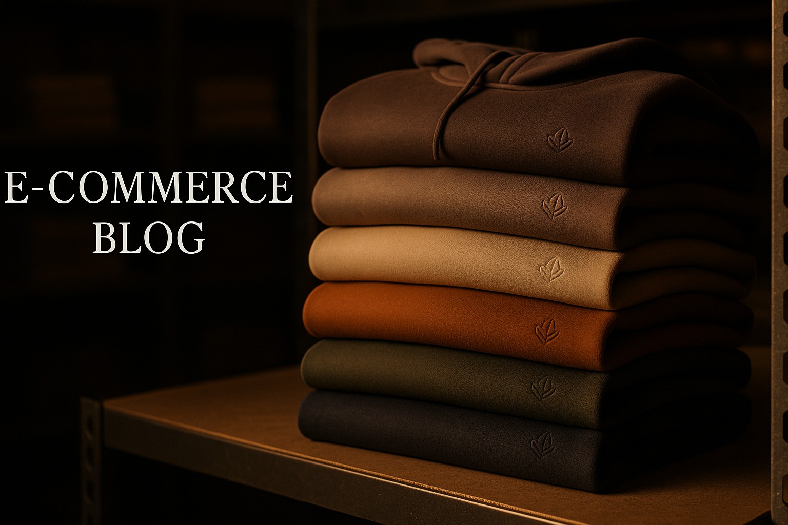 Tall folded stack of earth-tone hoodies with small embroidered chest logos