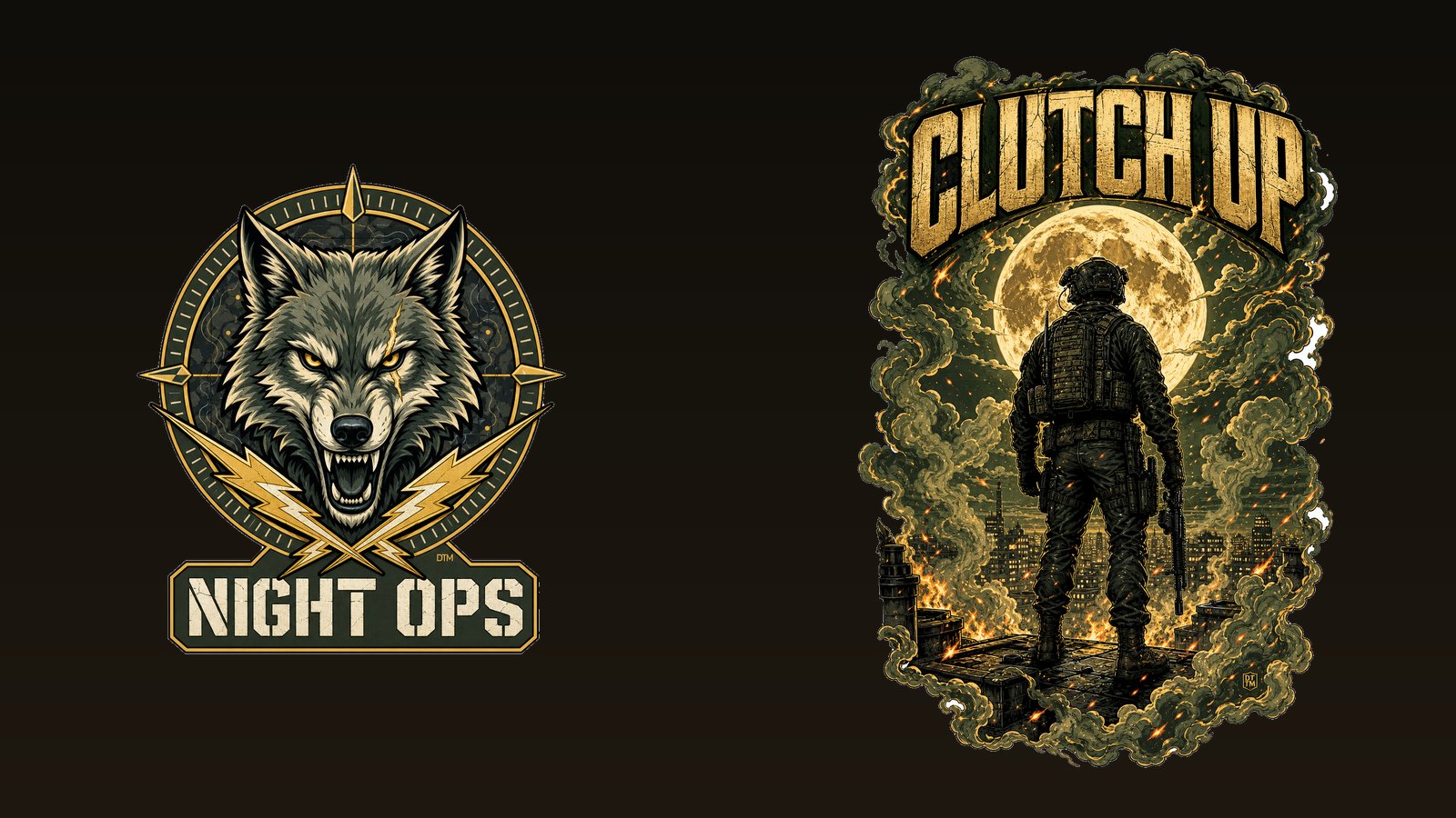 Original tactical wolf patch design reading NIGHT OPS with crossed lightning bolts on a black tee — creator merch for tactical shooter squads