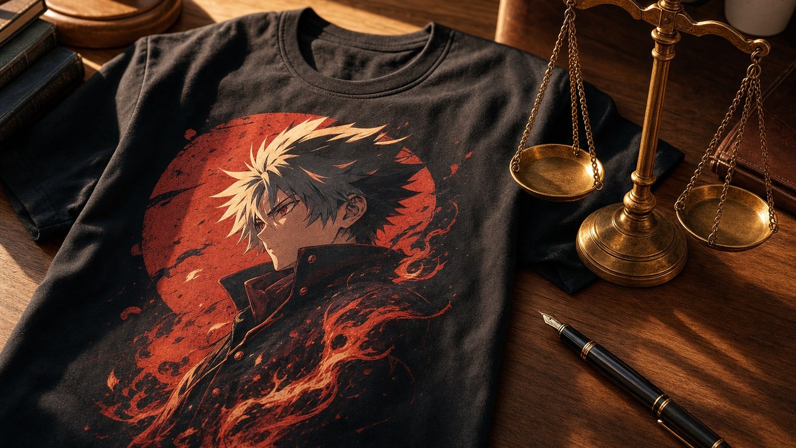 Split graphic contrasting a blocked fan-art shirt with an approved original anime-style character shirt