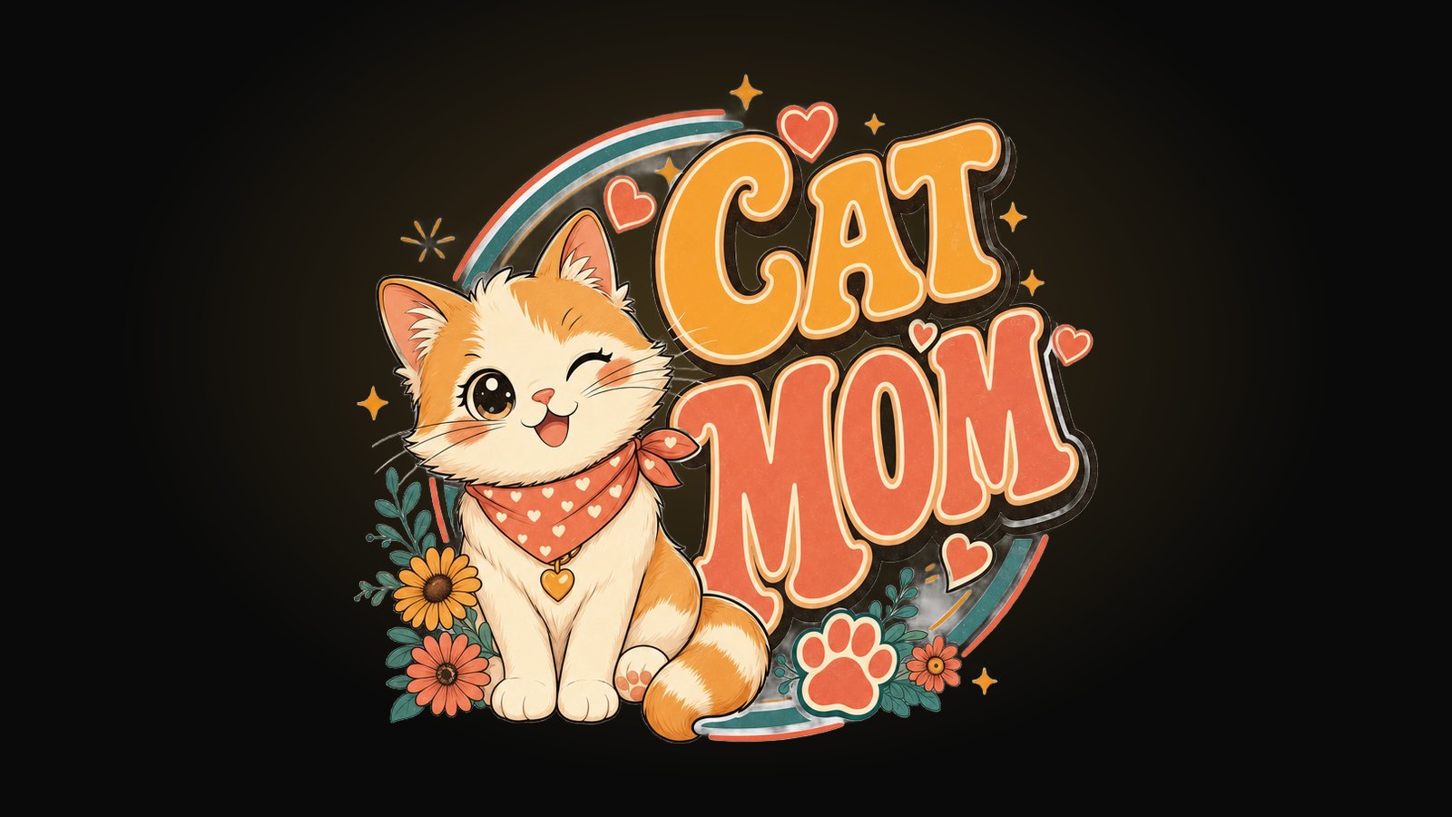 Cat mom shirt design with a cute sitting cat, hearts and a bold CAT MOM banner