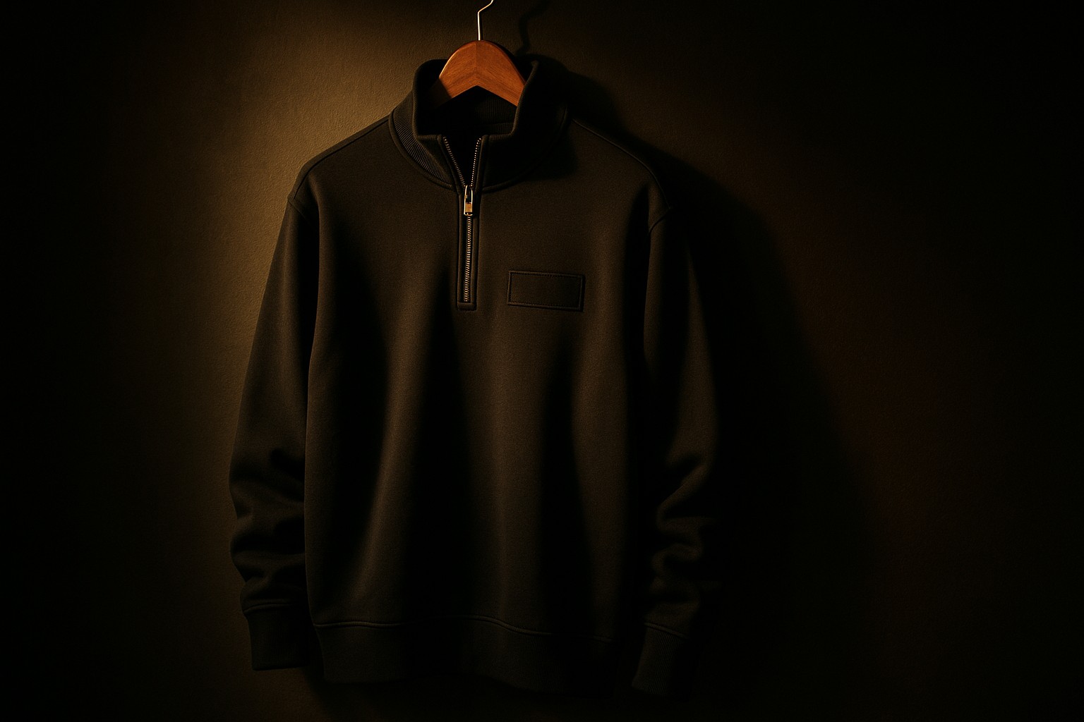 Dark quarter-zip pullover draped on a wooden valet stand under warm gold editorial lighting