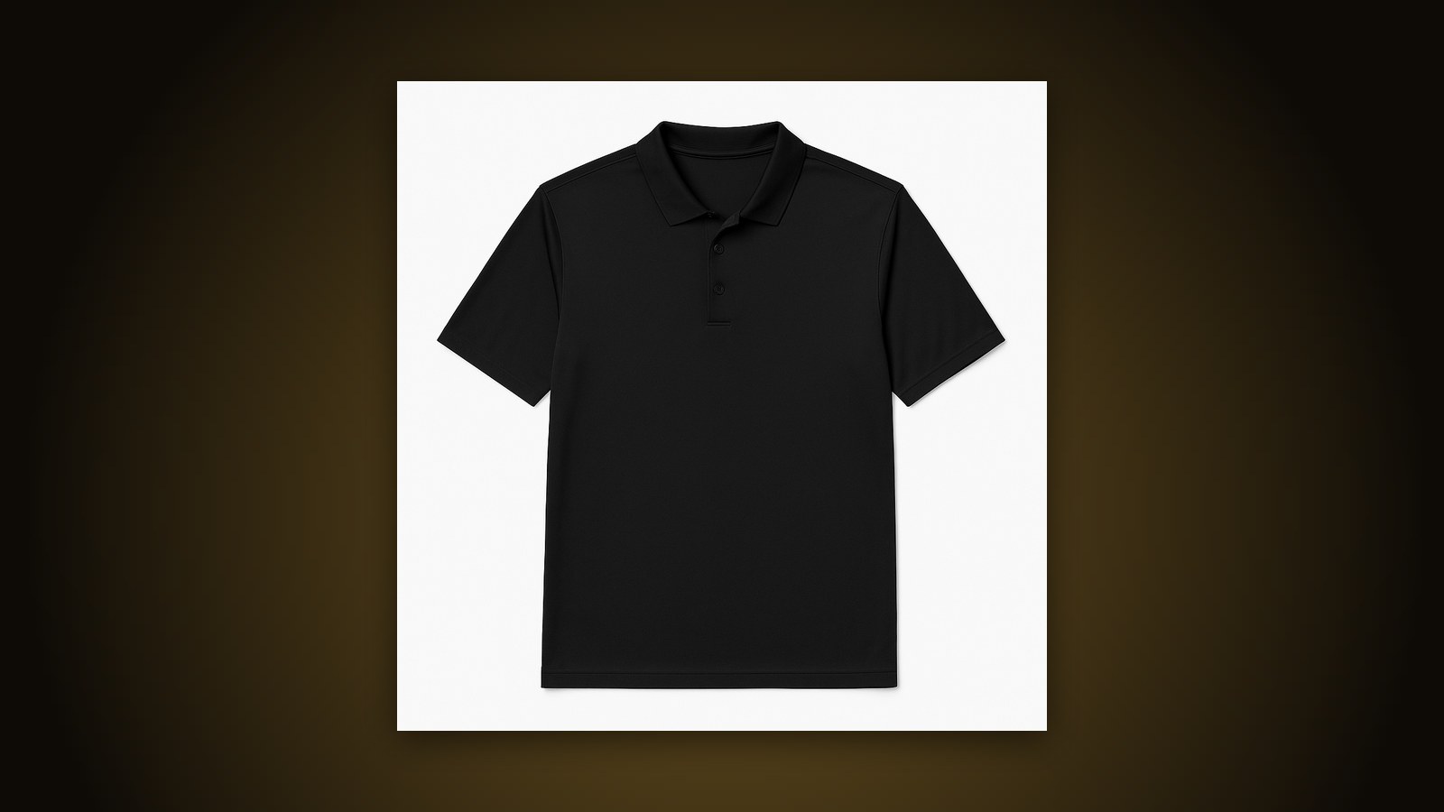 Black Adidas premium polo blank on a dark gold-lit background, ready for a left-chest logo