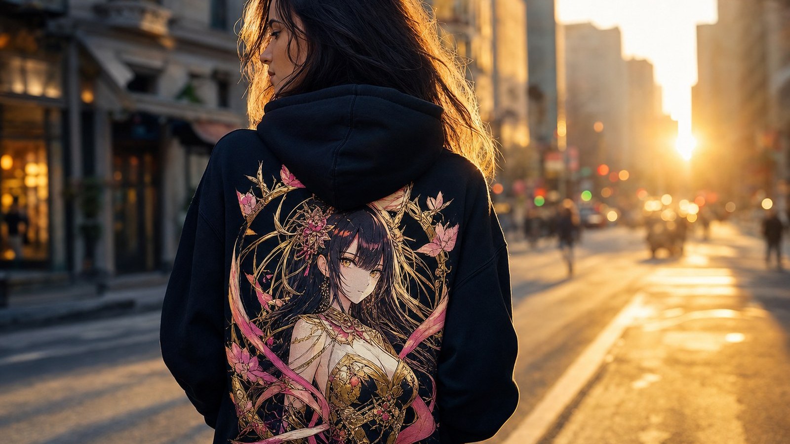 Original anime-style character art printed large on a black hoodie with warm gold rim lighting