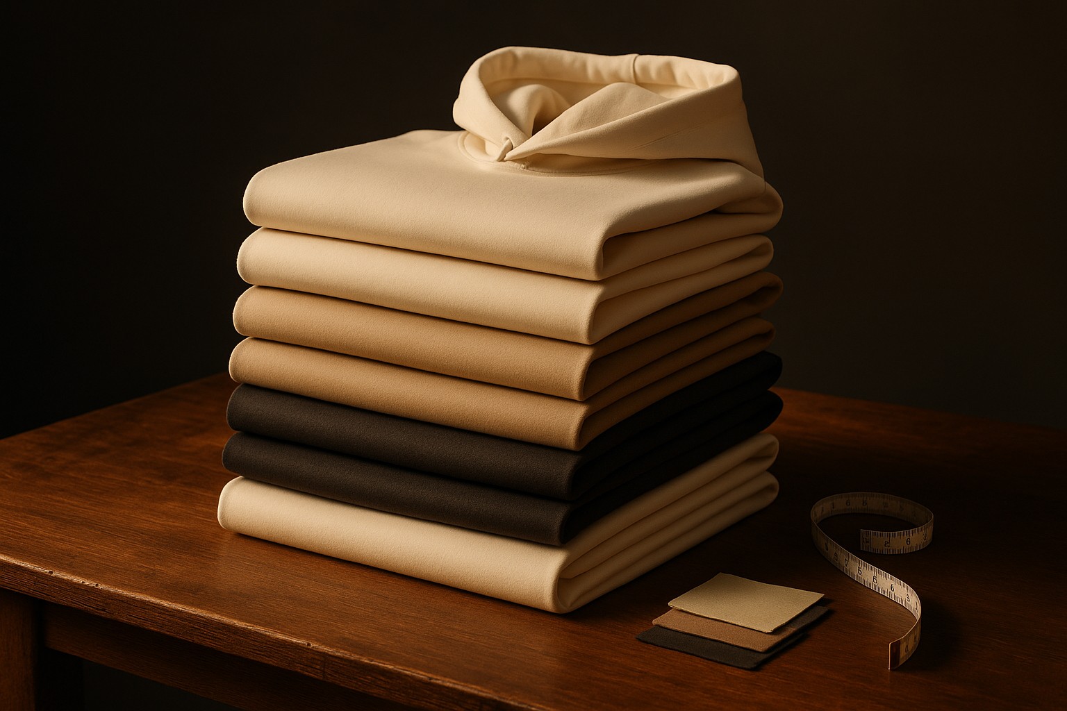 Neatly folded blank apparel stack in neutral tones under warm gold studio light, ready for a small brand run