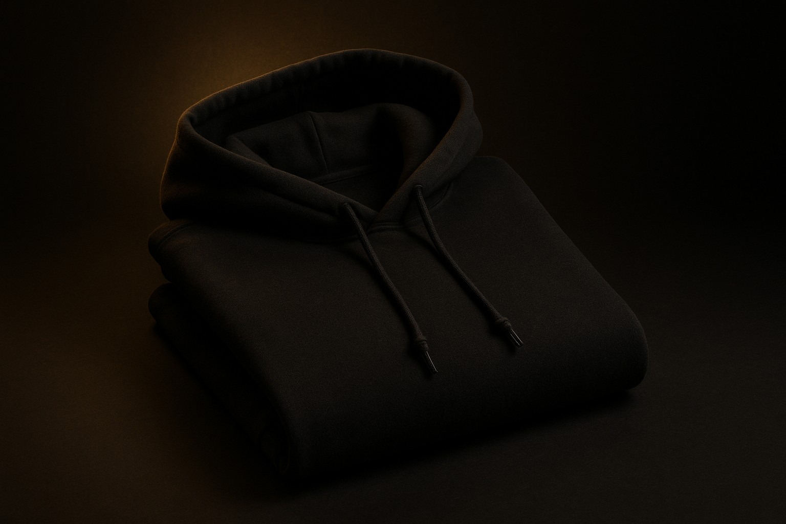 Folded black heavyweight hoodie blank under warm gold studio light, ready for a custom design
