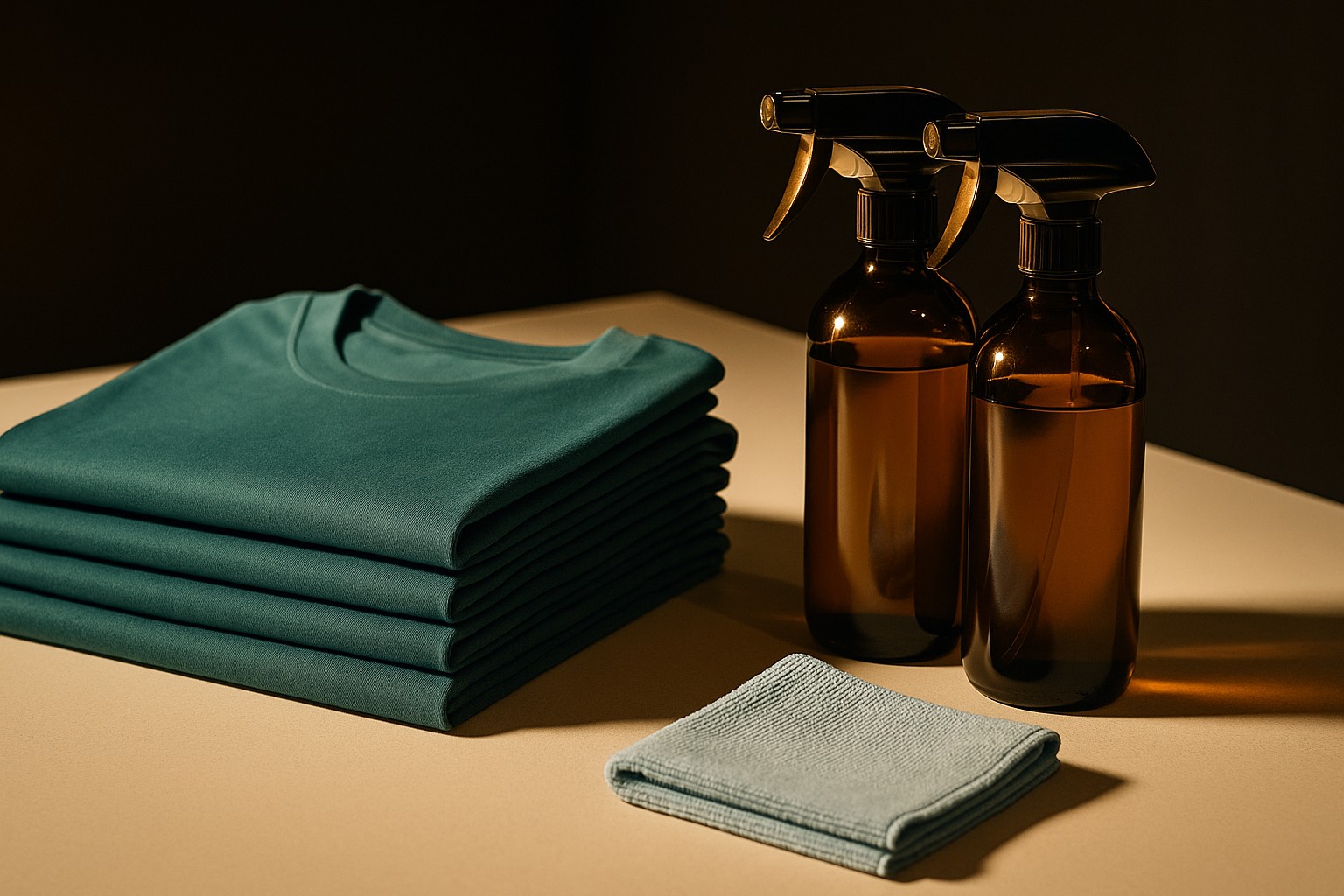 Crisp folded work shirts in fresh light colors on a bright shelf with warm gold morning light