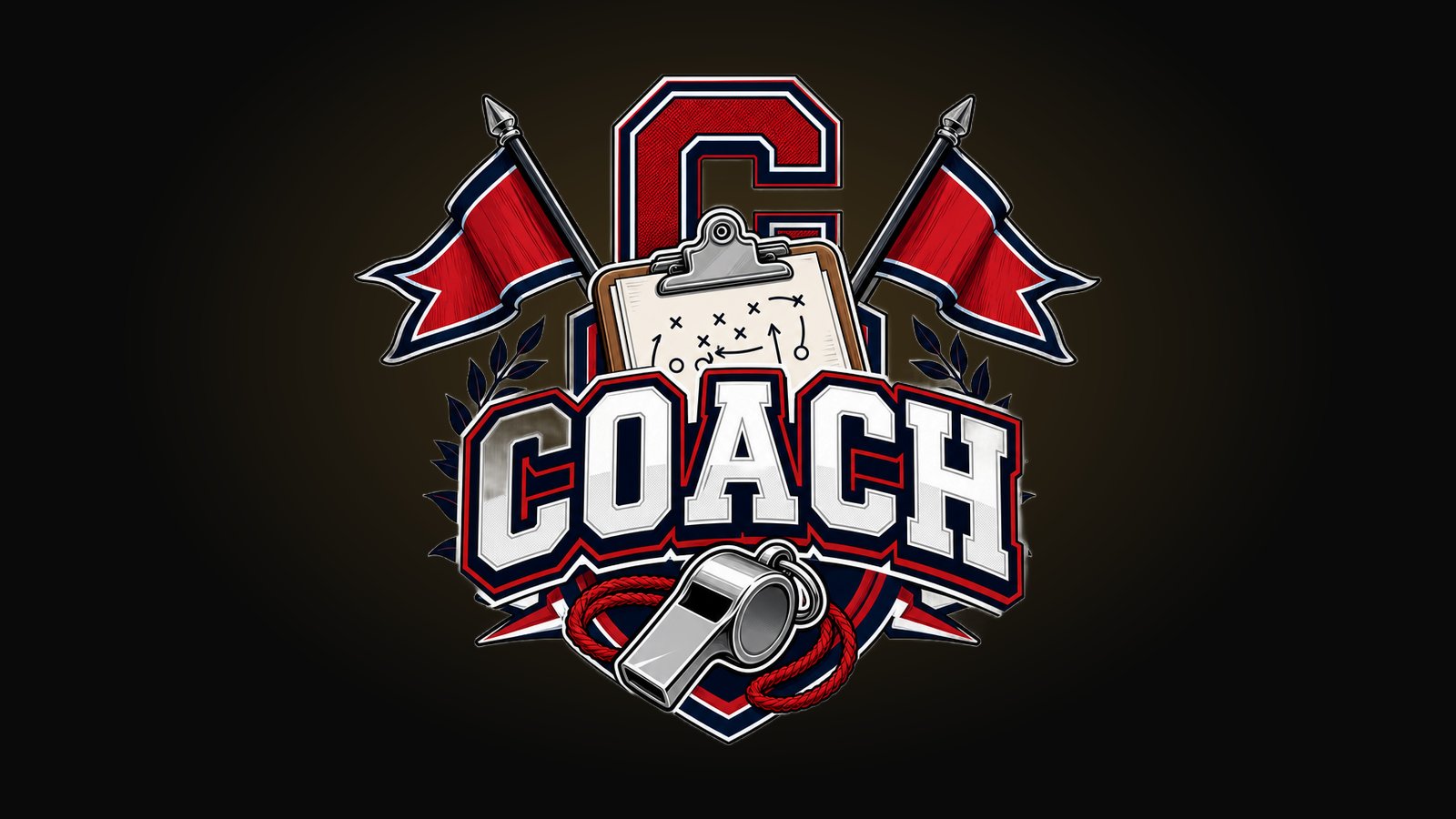 Custom coach shirt design with a whistle, clipboard, crossed pennants varsity badge and a bold saying