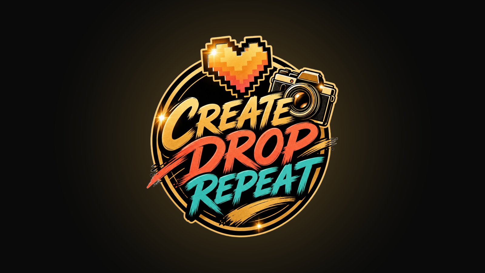 Creator merch badge design with a pixel heart and camera icon and CREATE DROP REPEAT lettering in black and gold