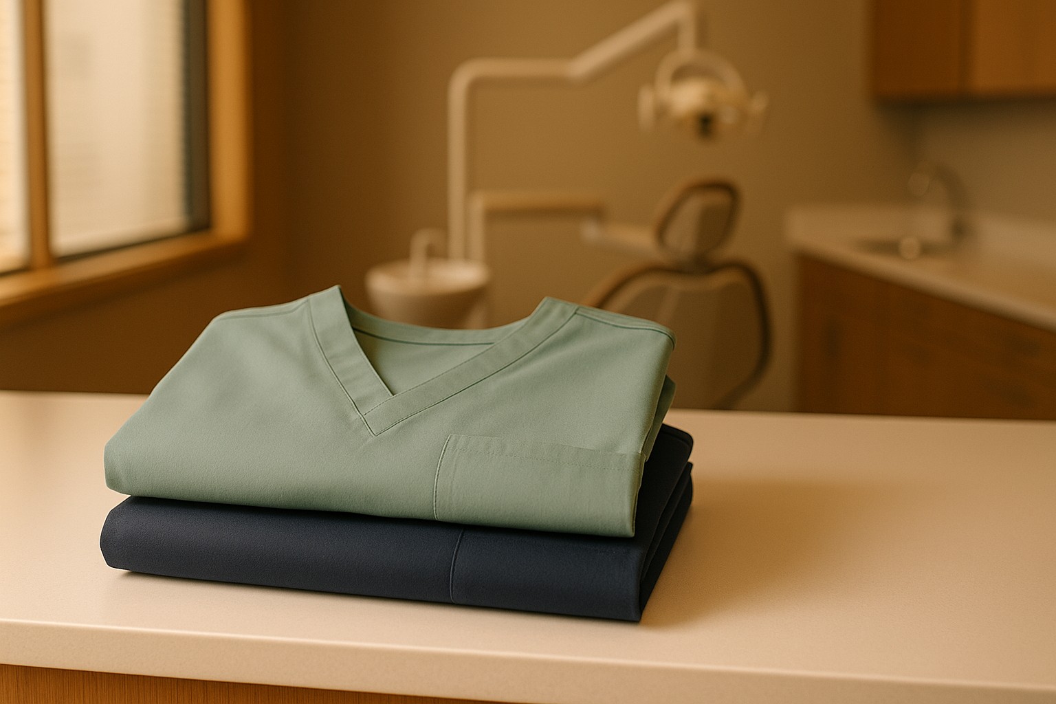 Folded mint and cream staff shirts on a clean reception counter with warm gold accent light