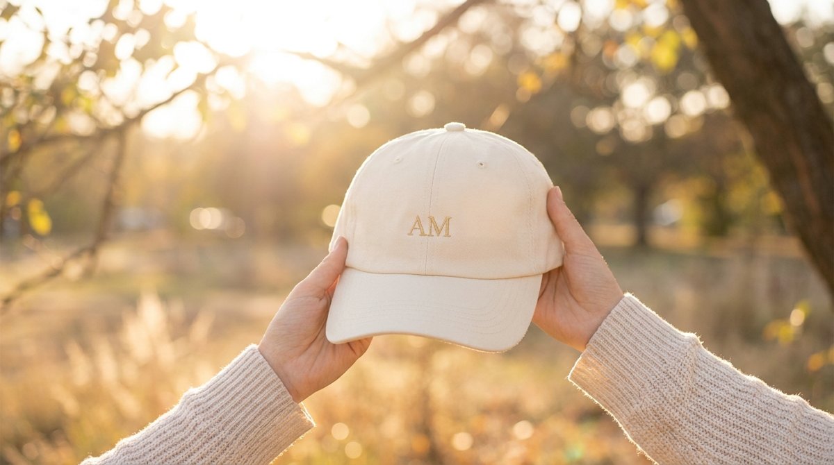 Hands holding a cream dad hat with gold embroidered monogram in golden light