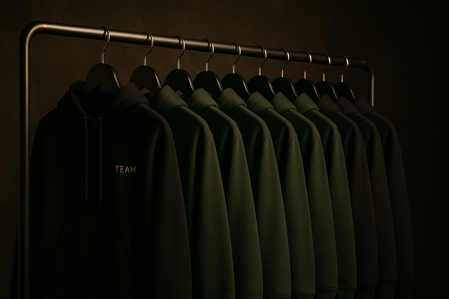 Rack of matching business hoodies each with a small gold embroidered left-chest logo