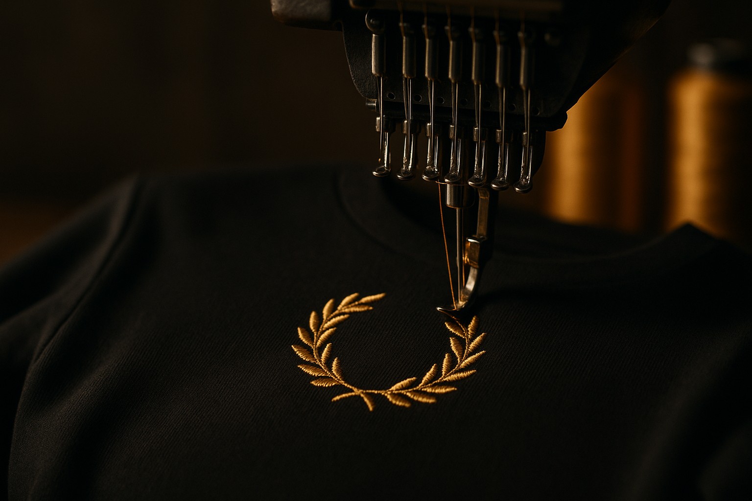 Embroidery machine stitching a gold thread emblem onto a black long sleeve shirt