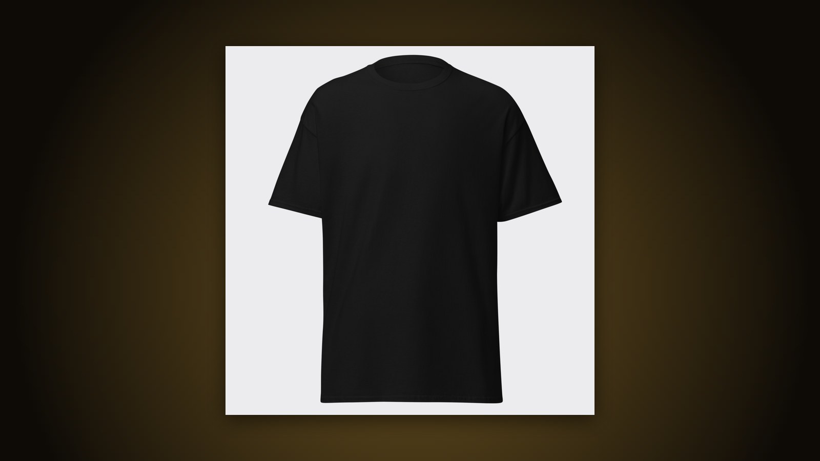 Black classic tee blank on a dark gold-lit background, ready for shoulder embroidery