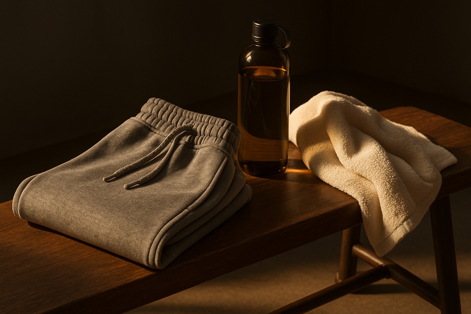 Heavyweight fleece shorts in warm neutral tones folded on a sunlit wooden bench with gold hour light