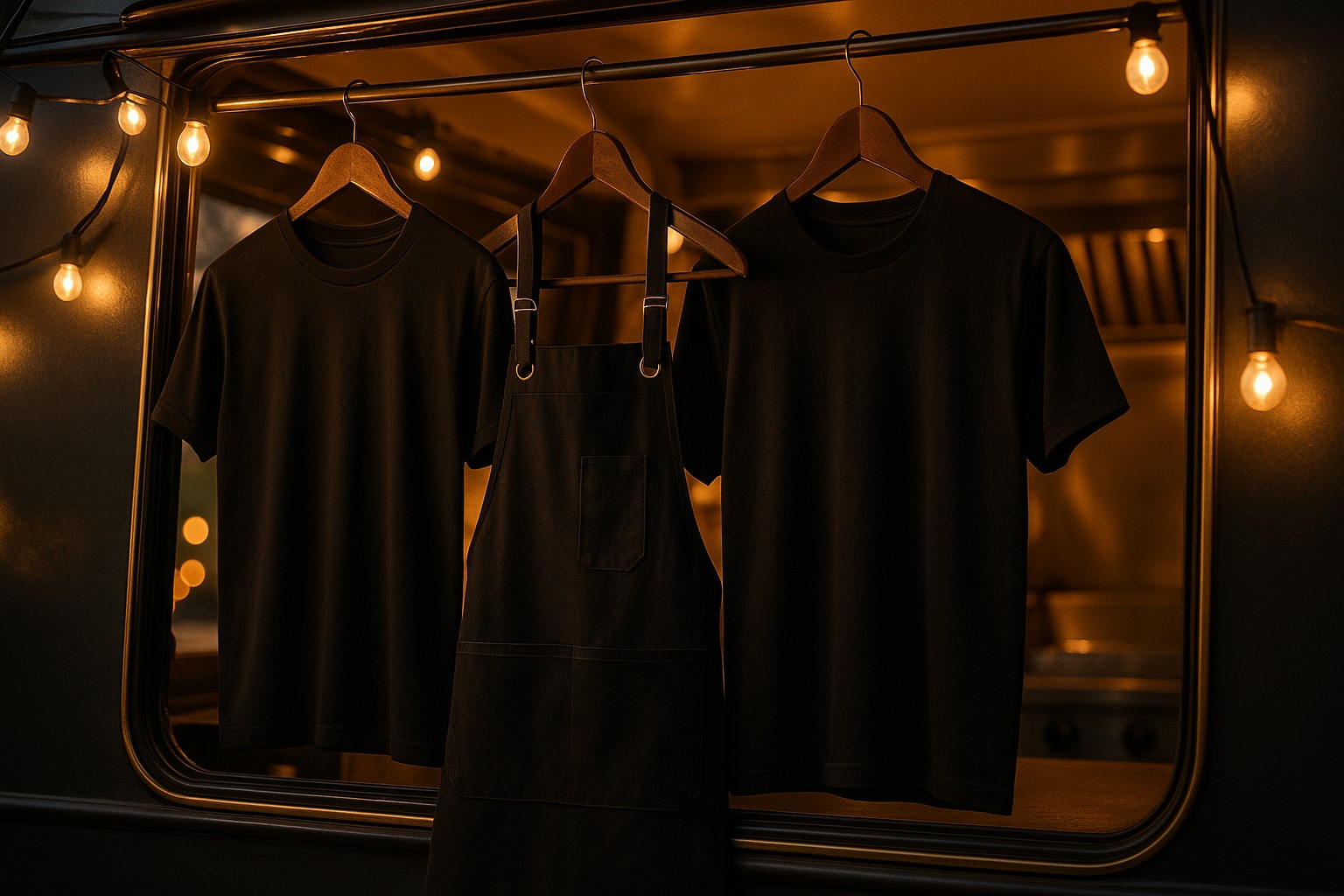 Stacked graphic tees in warm sunset tones on a stainless counter with festival lights glowing gold