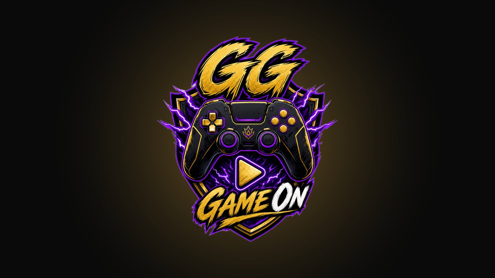 Gaming hoodie crest design with a controller and play-button emblem and GG lettering in purple, black and gold