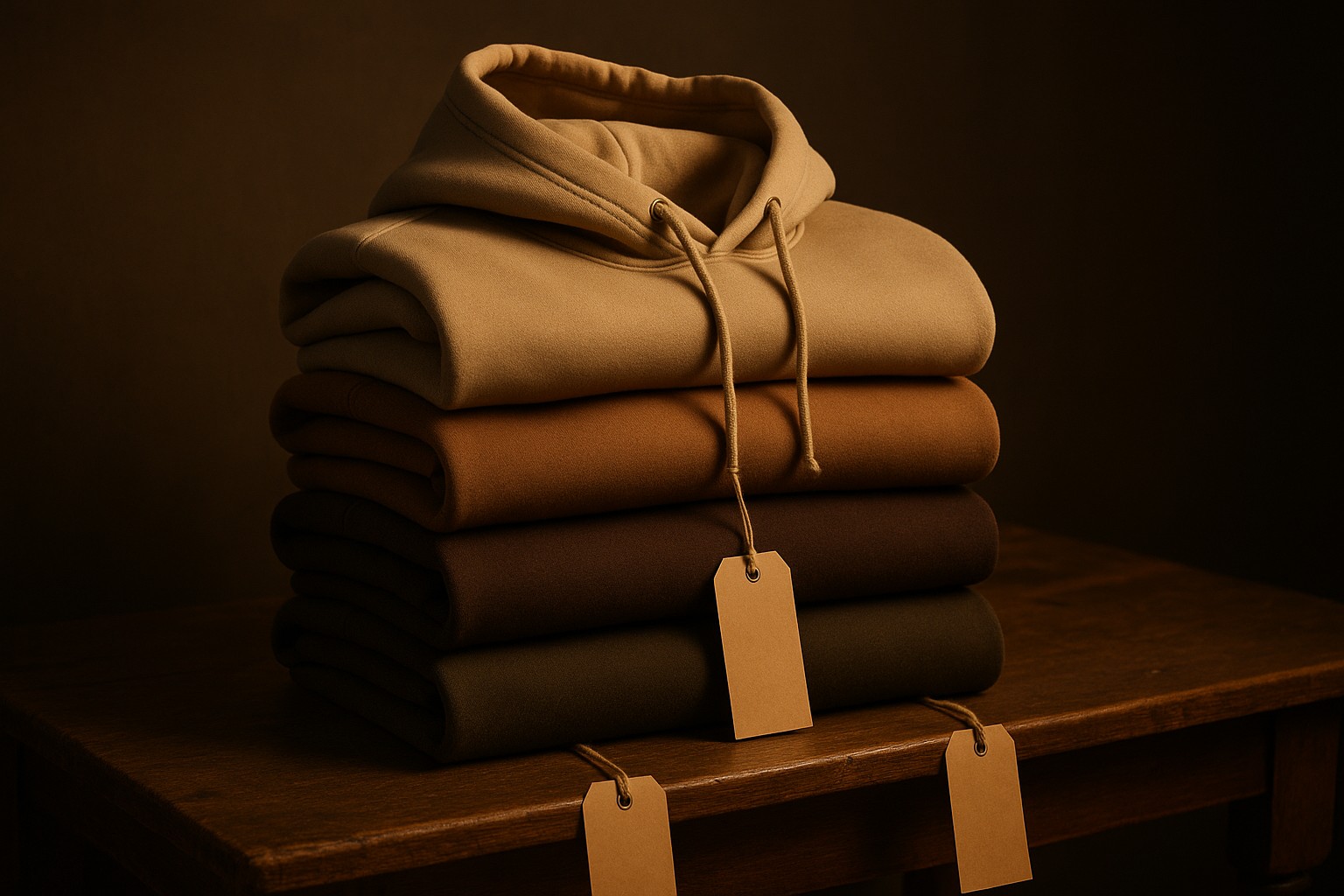 Folded heavyweight hoodies stacked in charcoal and cream tones under warm gold studio light