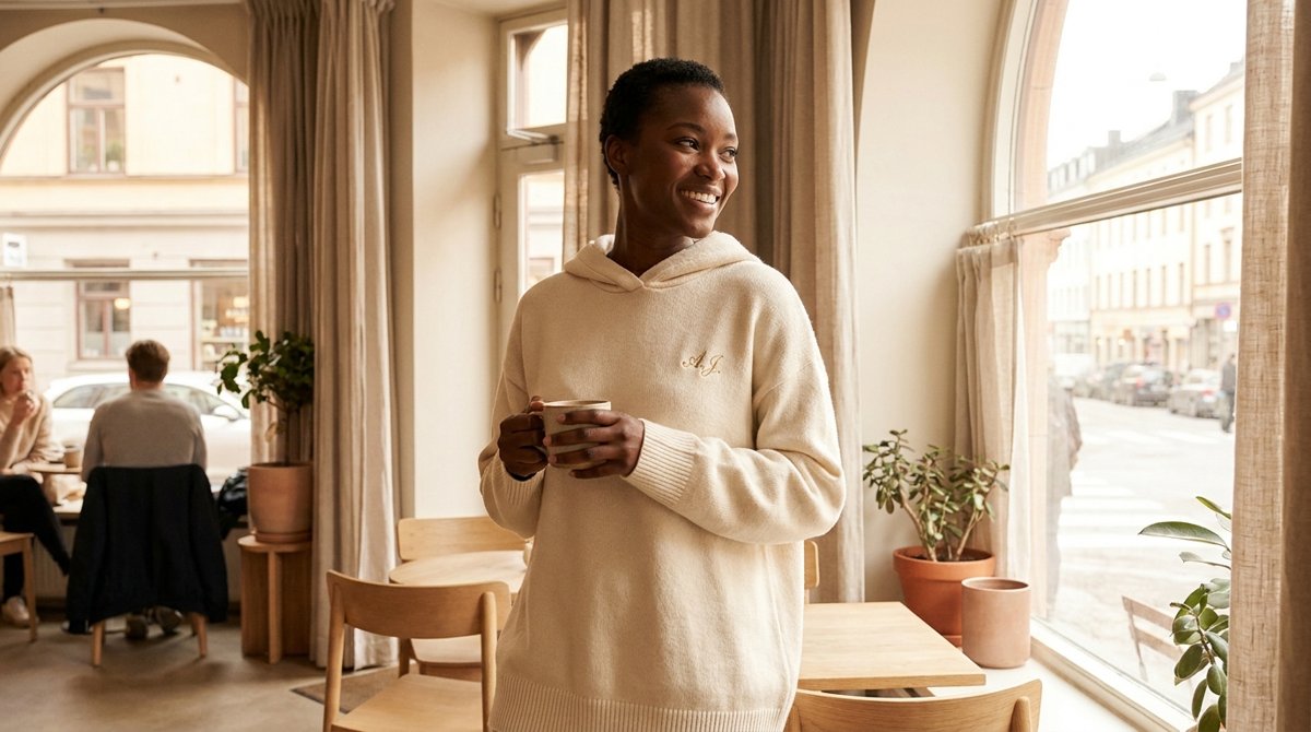 Woman in a cream custom hoodie with gold embroidery by a sunny window