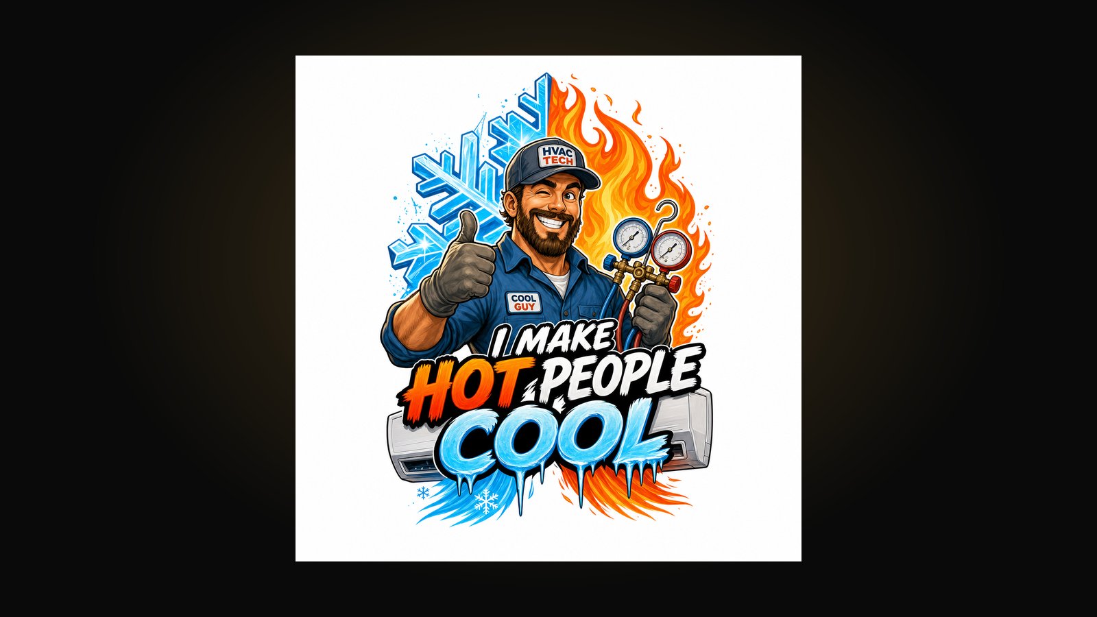 Funny HVAC shirt design with a snowflake and flame split icon over an AC unit and a bold saying