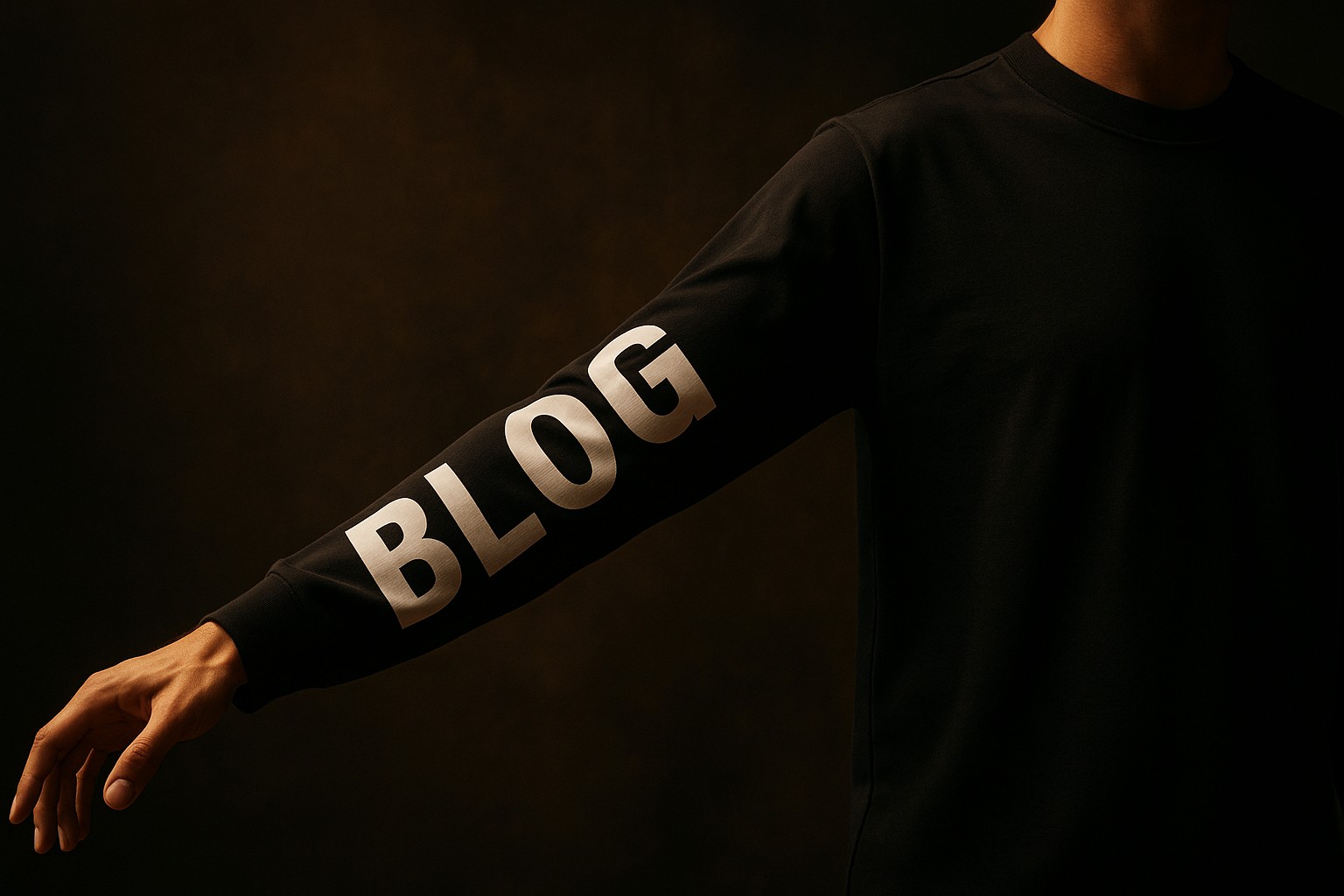 Black long sleeve shirt with bold white lettering running down the outstretched sleeve