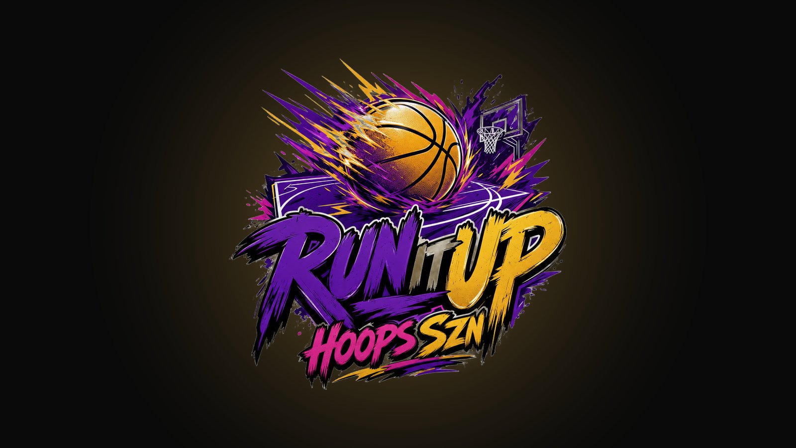 Basketball gaming merch design with a generic ball, energy bursts and RUN IT UP graffiti lettering in purple, magenta and gold