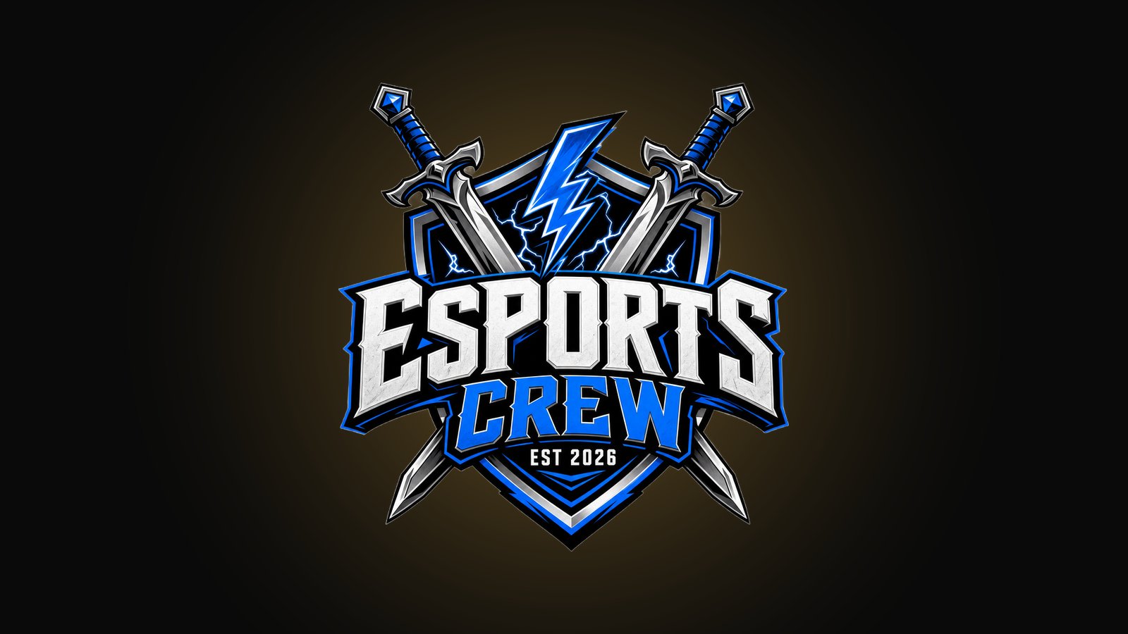 Gaming clan crest design with a shield, crossed swords and lightning bolt and ESPORTS CREW lettering in black, blue and silver