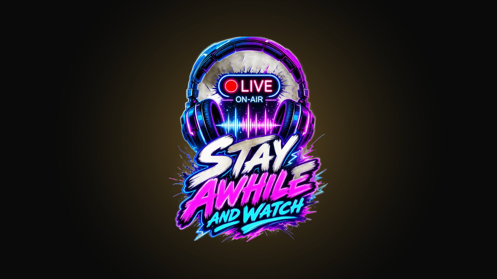 Twitch streamer merch design with a glowing LIVE light, soundwave and headset and STAY AWHILE lettering in purple neon