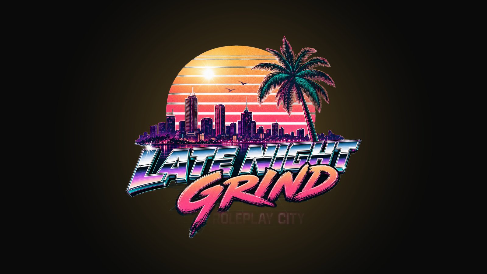RP streamer merch design in neon Miami synthwave style with a retro skyline, sunset grid and LATE NIGHT GRIND lettering