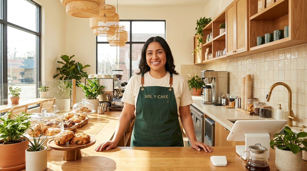 Cafe owner in custom branded apron behind a sunlit coffee counter