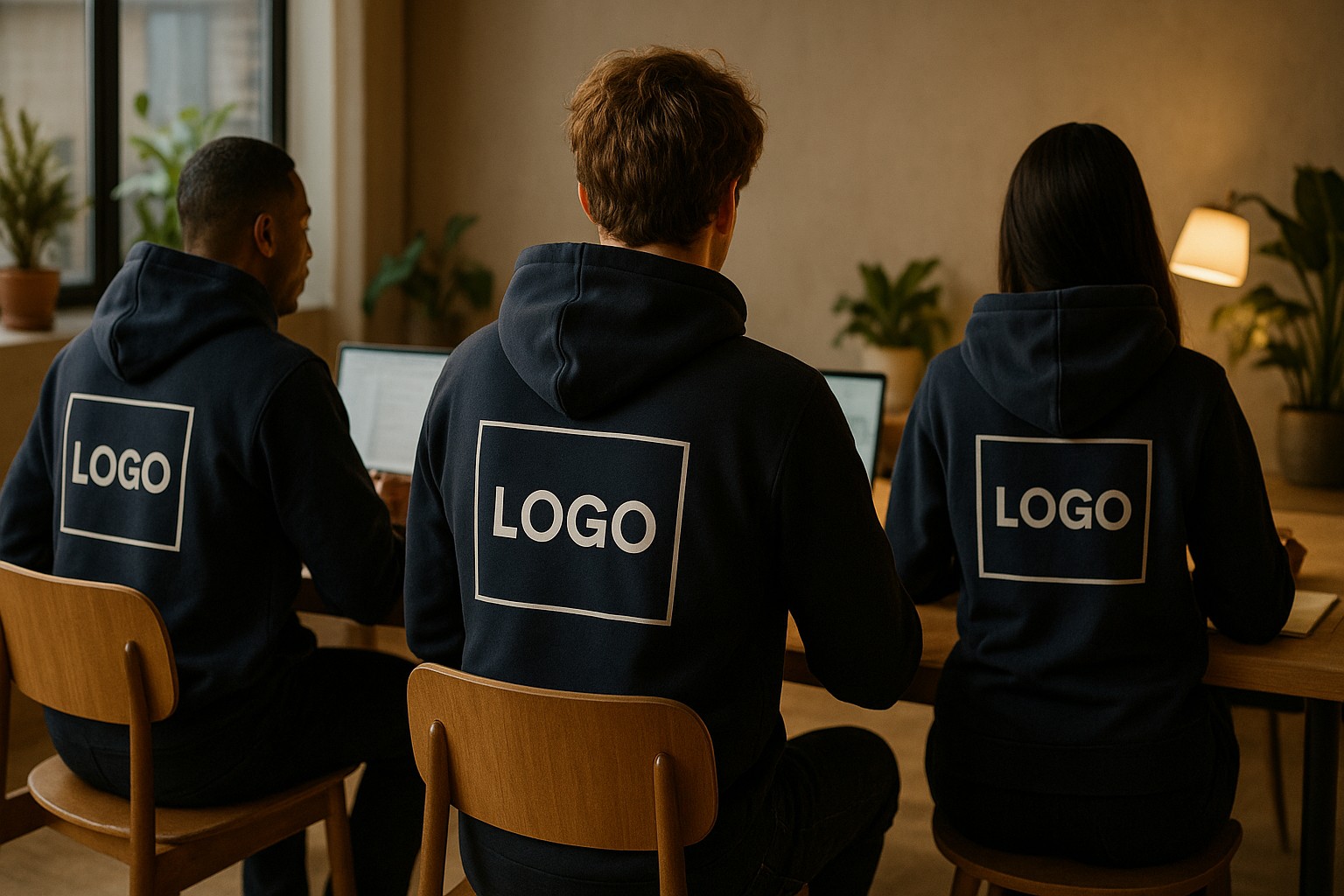 Team of employees in a modern workspace wearing matching navy printed hoodies