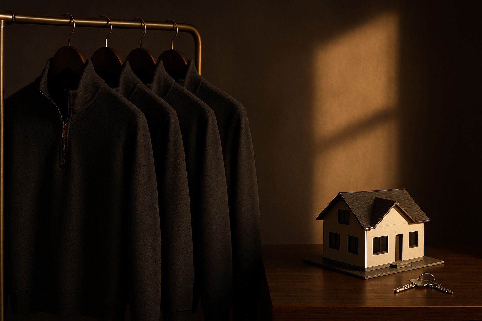 Quarter-zip pullover laid on a marble console beside brass house keys in warm gold light