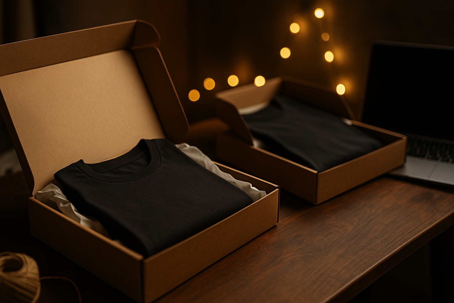 Craft workspace with folded cream shirts, kraft packaging and warm gold lighting