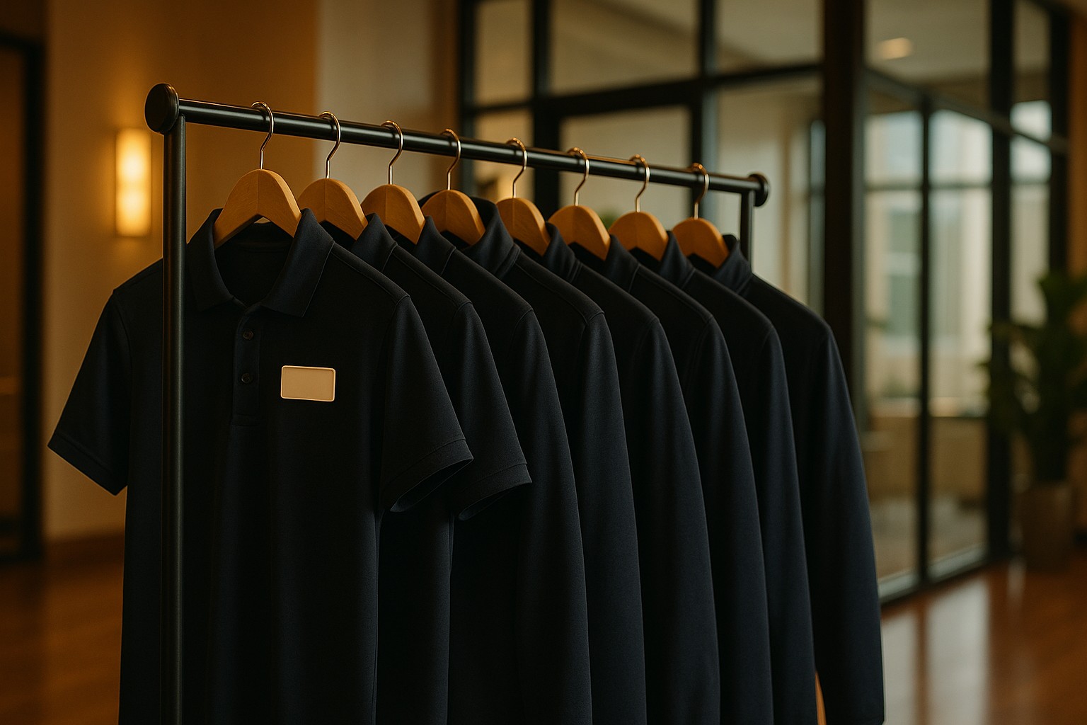 Row of neatly pressed staff shirts on wooden hangers in a warm gold-lit workroom