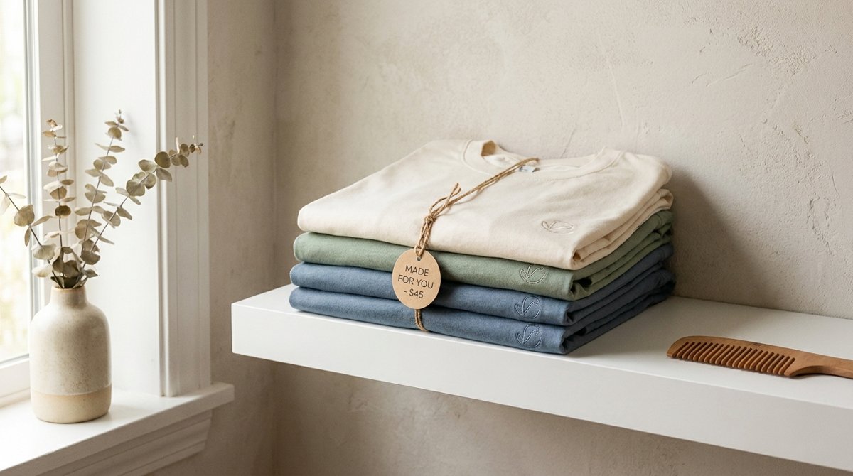 Stack of folded custom t-shirts in cream, sage and blue with a price tag