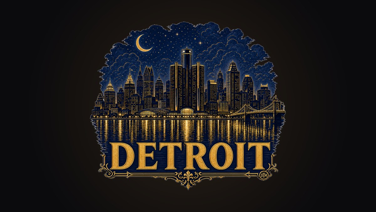 Detroit skyline at night with glowing gold windows reflected in the river on a black tee