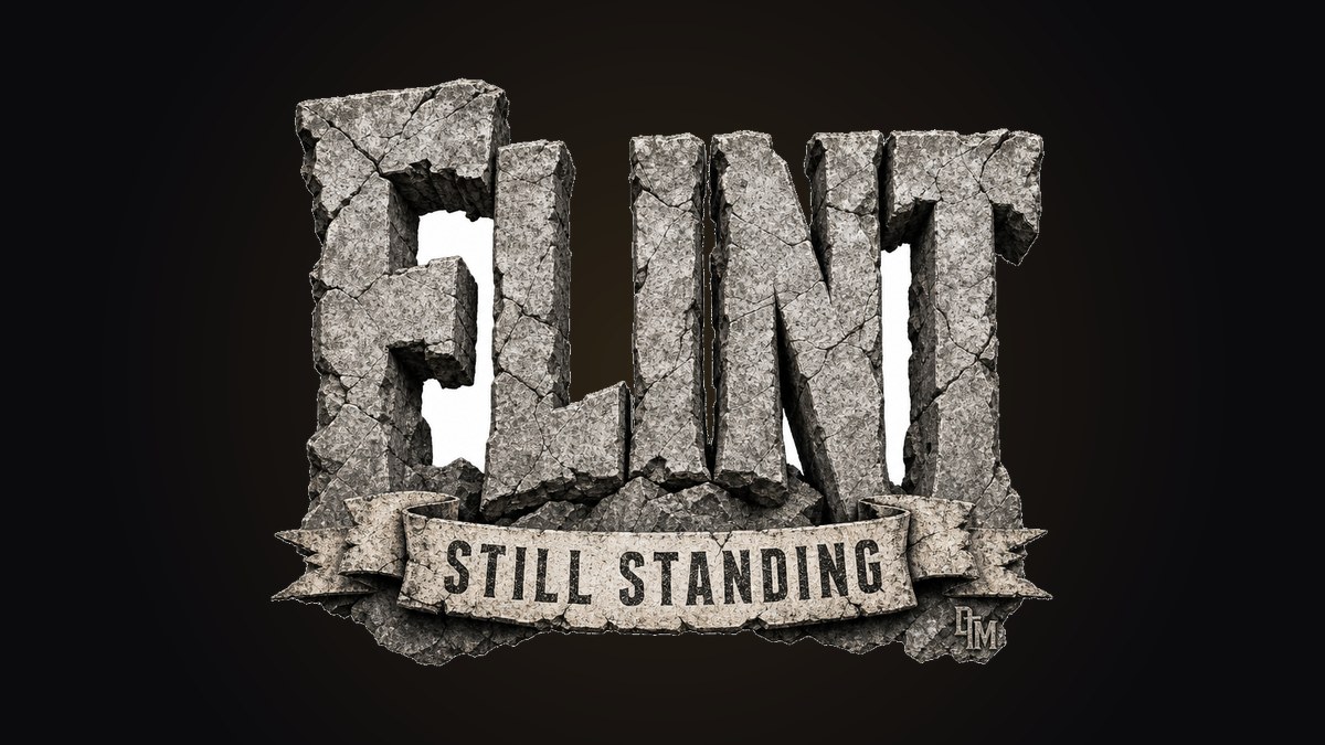 FLINT lettering carved in cracked stone texture on a black custom t-shirt