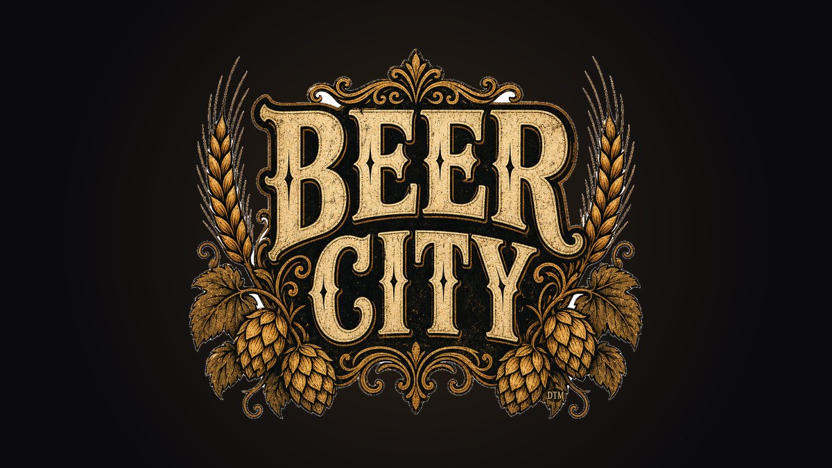 Beer City vintage saloon lettering with hops and wheat on a black hoodie