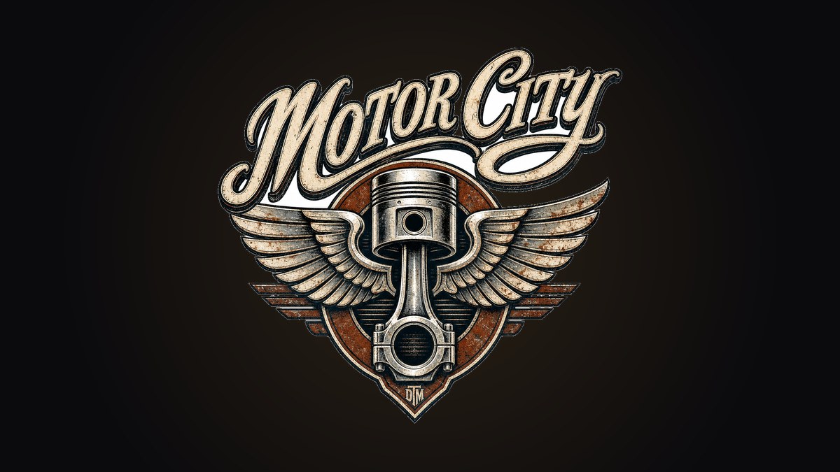 Motor City script with an original winged piston emblem on a black crewneck work shirt