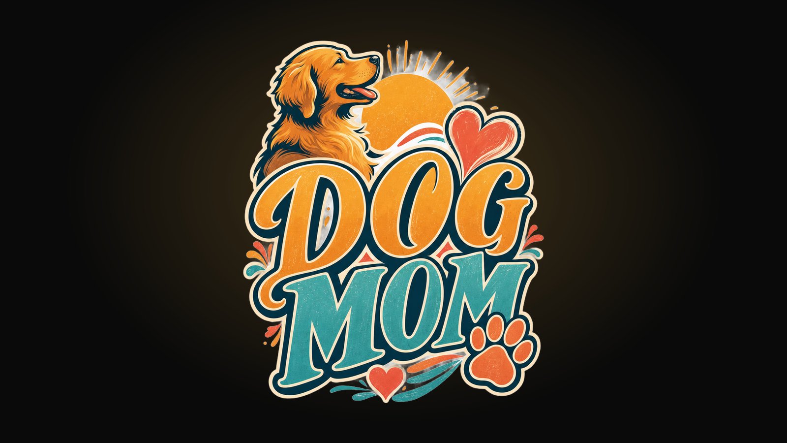 Dog mom shirt design with a friendly dog, a heart, a paw print and a bold DOG MOM banner