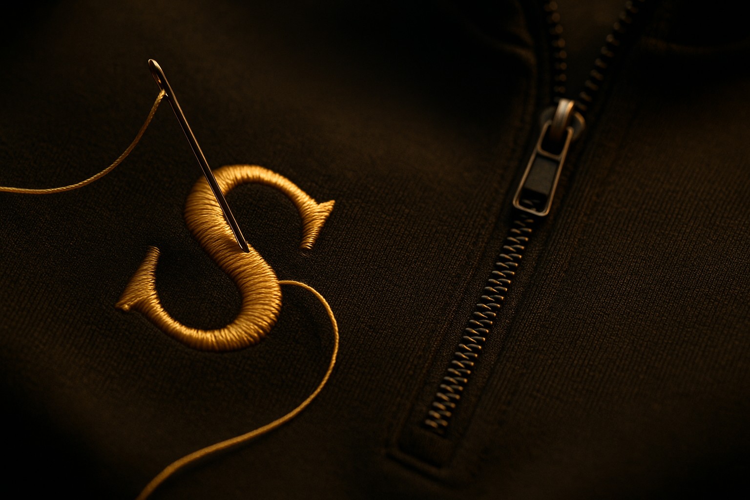 Close-up of fine embroidery thread spools beside a dark folded pullover in warm gold light