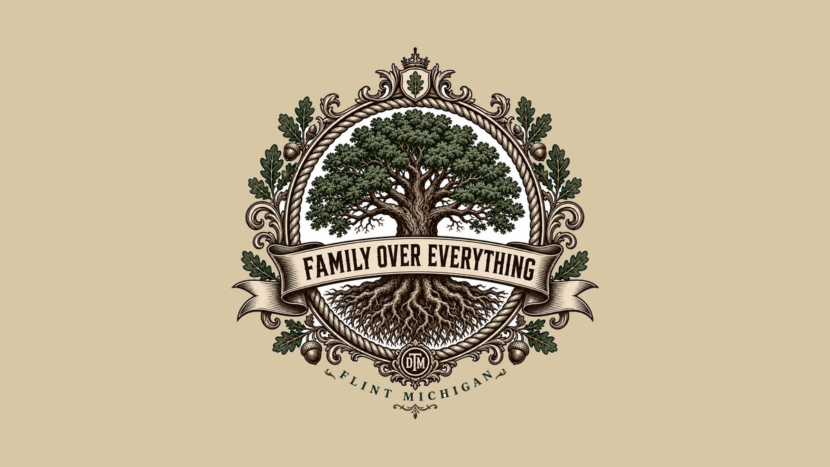 Family Over Everything oak tree reunion crest printed on a sand custom tee