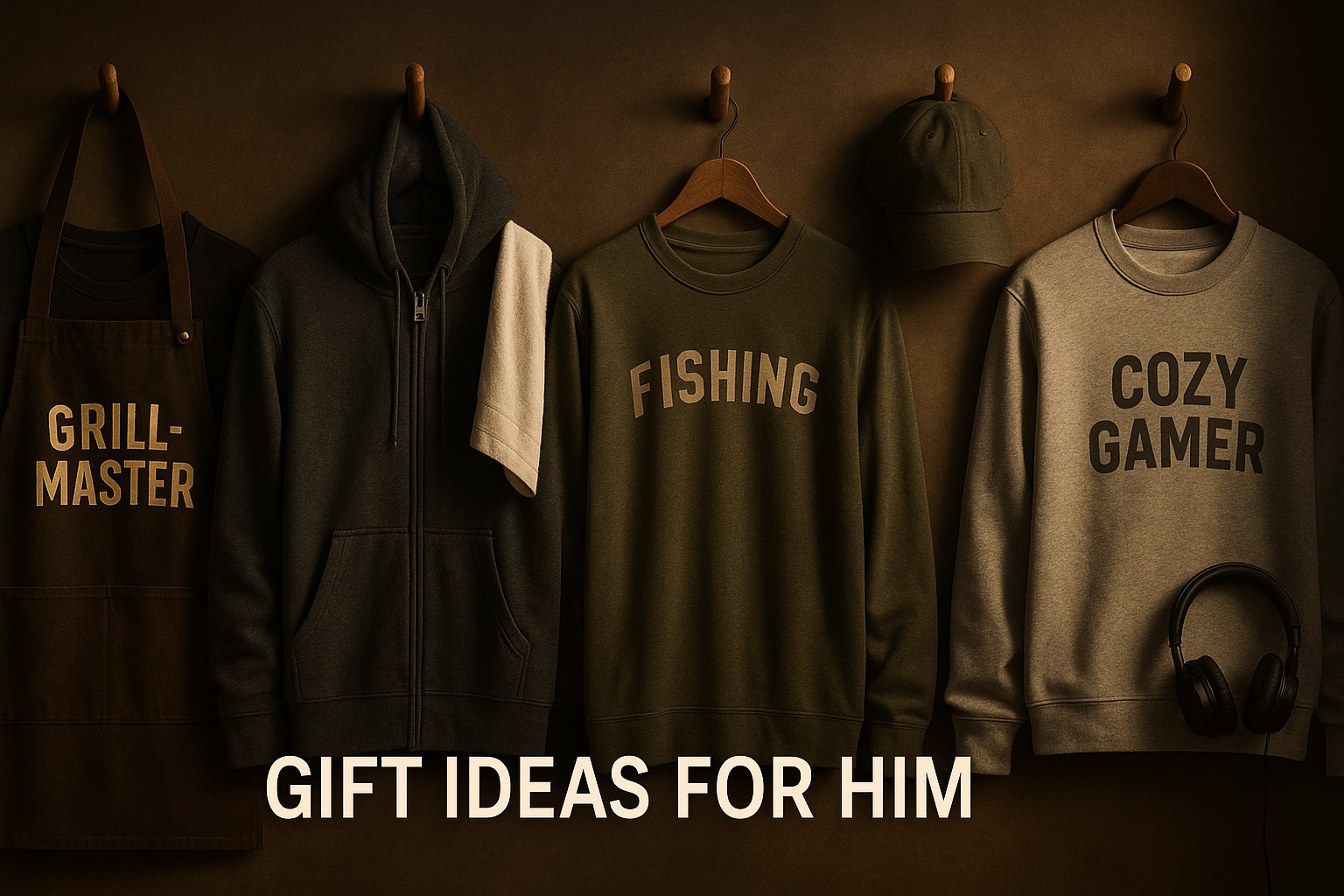 Four dad-type outfits on wooden pegs: grill apron, gym hoodie, fishing long sleeve, gamer crewneck