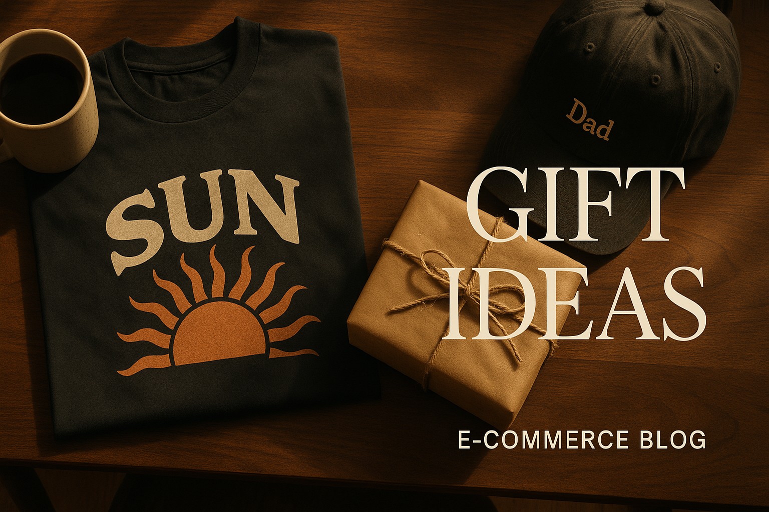 Warm flat-lay of Father's Day gifts: folded graphic tee, mug, dad hat and kraft gift wrap